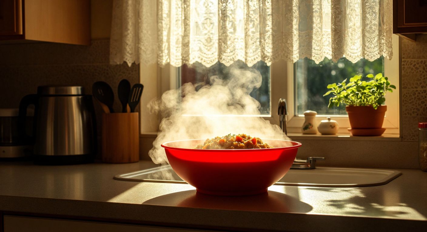 A vibrant red silicone bowl sits on a kitchen counter in a cozy Turkish home, steam rising from freshly microwaved food inside, with warm sunlight streaming through a lace-curtained window.