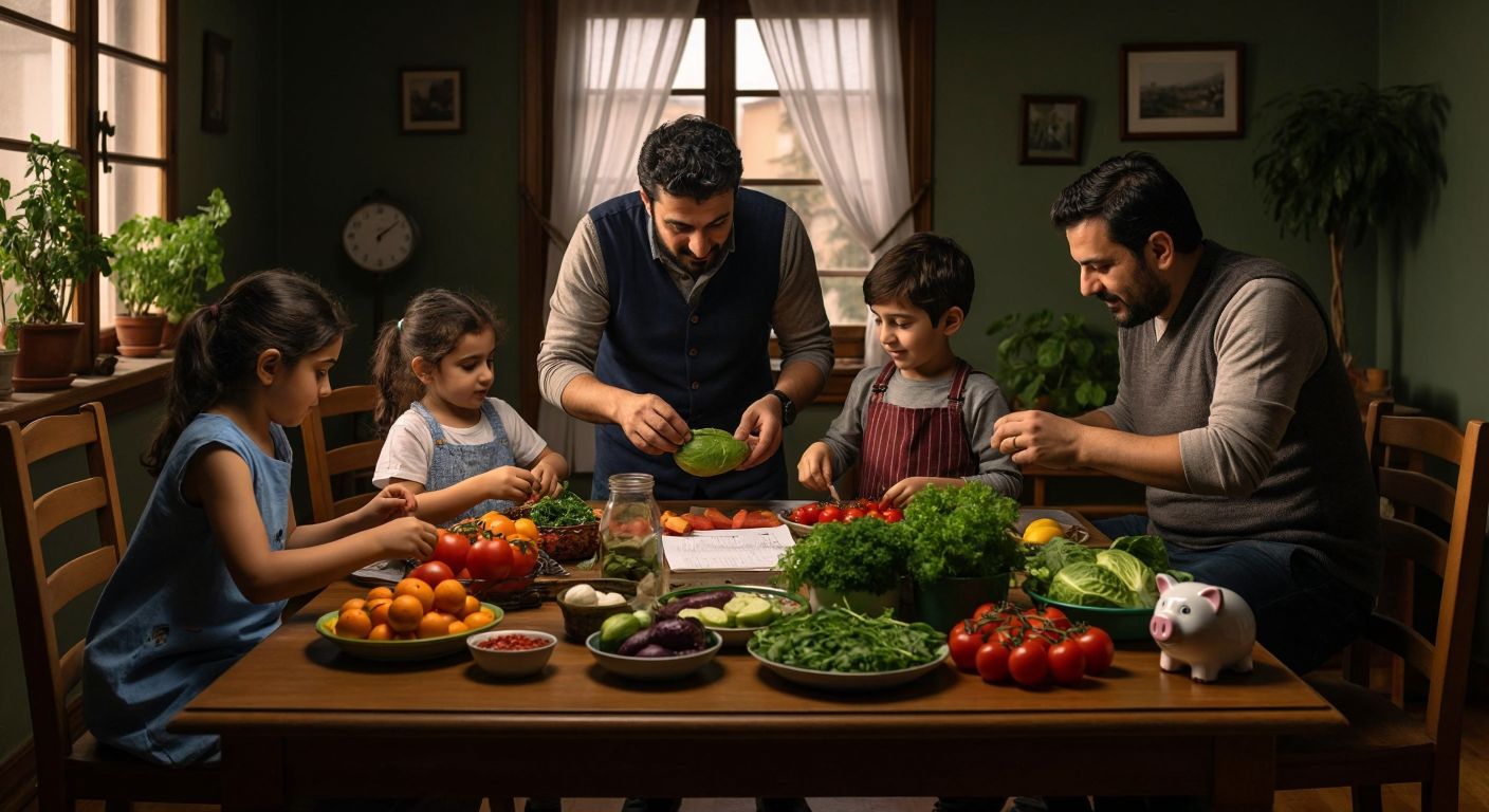 A Turkish family sits around a modest wooden table at home, carefully planning a weekly meal budget while sorting fresh vegetables and reusable containers, with a neatly organized shopping list and a piggy bank nearby.