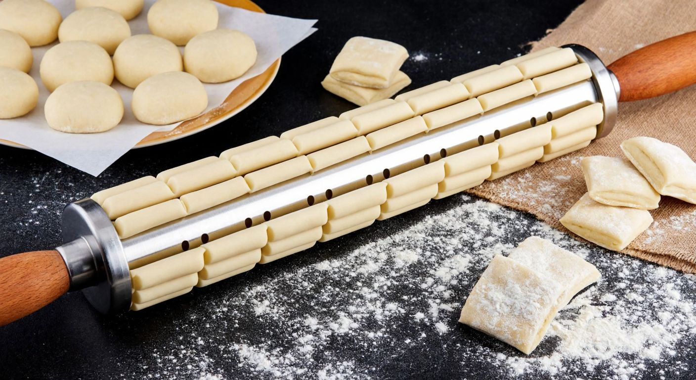 A traditional Turkish kitchen counter with a stainless steel *mantı* rolling pin fitted with evenly spaced blades, surrounded by freshly rolled dough squares and a dusting of flour.