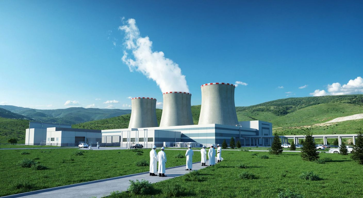 A modern nuclear power plant under a clear blue sky in Turkey, surrounded by rolling green hills, with scientists in white lab coats discussing near a secure facility entrance.