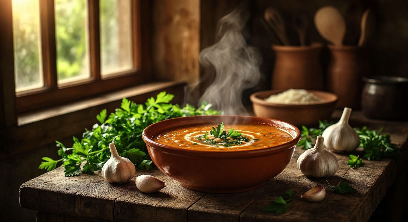 A steaming bowl of garlic-infused tarhana soup sits on a rustic wooden table in a cozy Kastamonu kitchen, surrounded by fresh herbs and warm golden light.