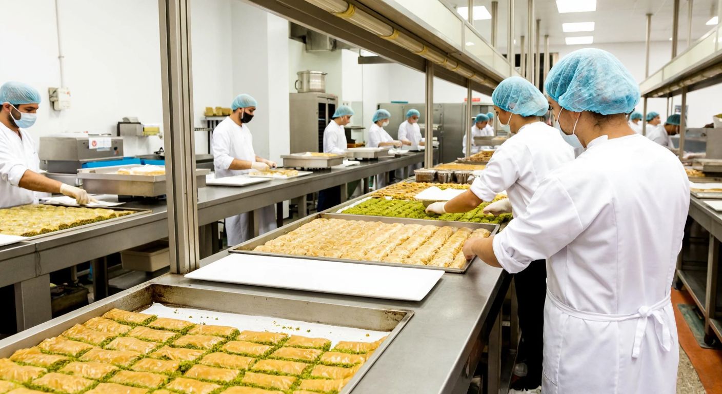 A bustling Turkish food factory with workers in white uniforms and hairnets carefully packaging fresh baklava and other traditional sweets on a conveyor belt.