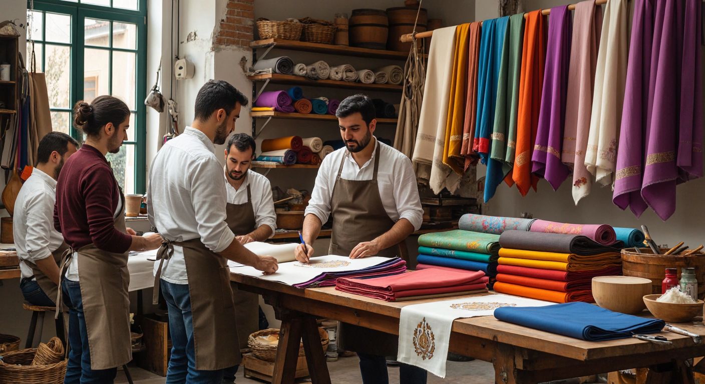 A bustling Turkish textile workshop with workers in aprons discussing fabric samples, colorful rolls of cloth stacked nearby, and a craftsman sketching a logo design on a plain apron.