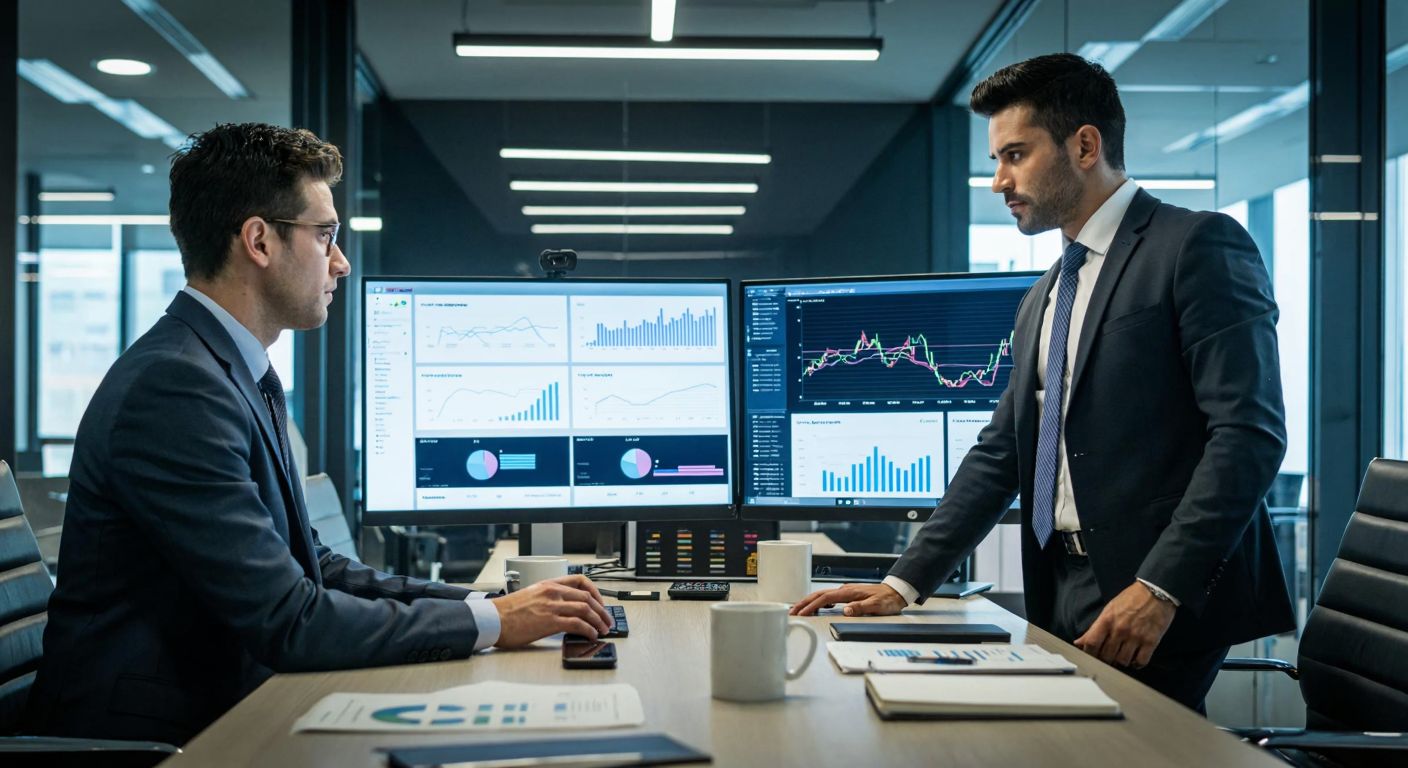A sleek, modern office with well-dressed professionals in suits intently analyzing financial data on dual monitors, surrounded by charts and graphs, exuding focus and expertise.