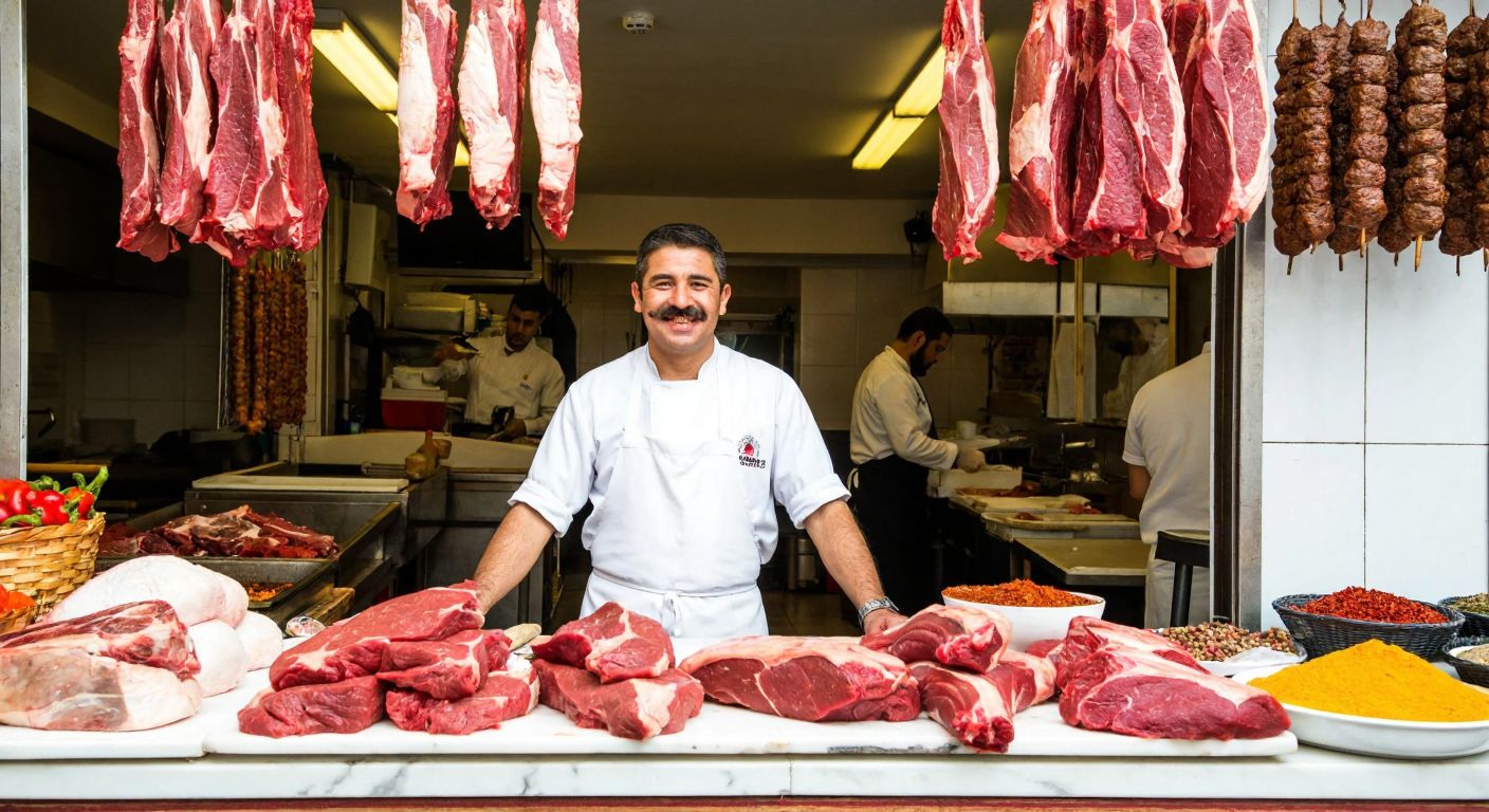 A bustling Turkish butcher shop with a smiling, mustachioed butcher in a white apron proudly displaying fresh cuts of meat on a marble counter, surrounded by hanging kebabs and trays of colorful spices.