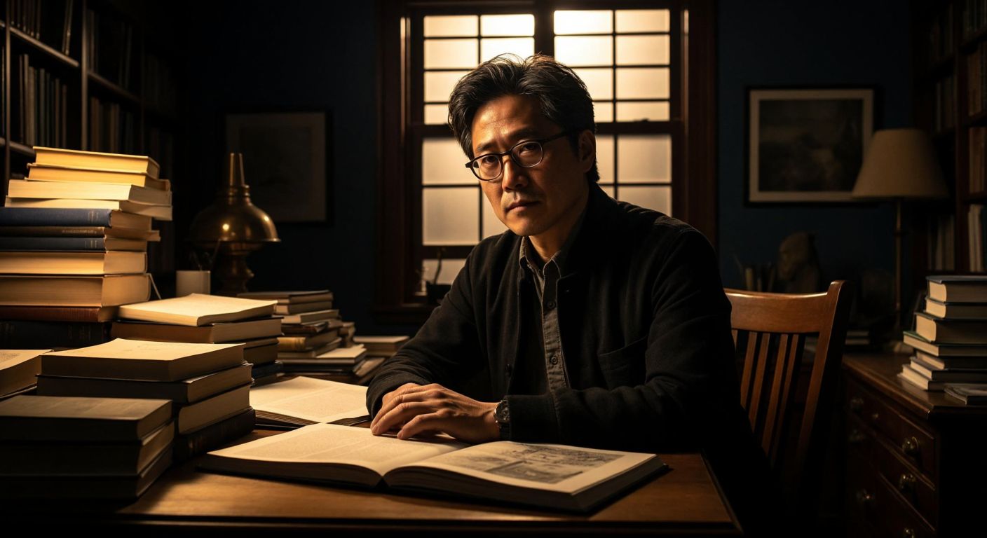 A thoughtful South Korean philosopher (Byung-Chul Han) with glasses sits at a wooden desk in a dimly lit study, surrounded by stacks of books, his hand resting on a page about modern society, while a faint glow from a window highlights his contemplative expression.