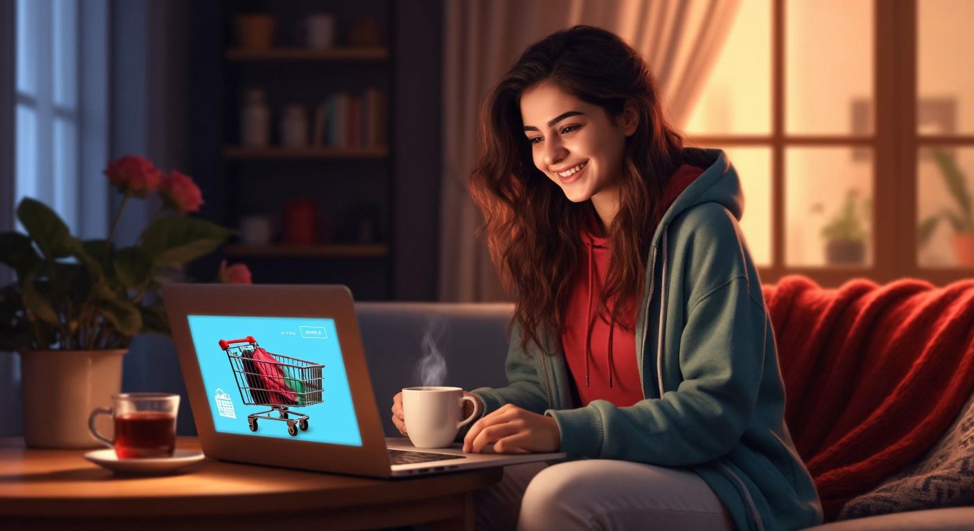 A young Turkish woman in a cozy home setting, smiling while browsing colorful clothing items on a laptop, with a shopping cart icon visible on the screen and a steaming cup of Turkish tea beside her.
