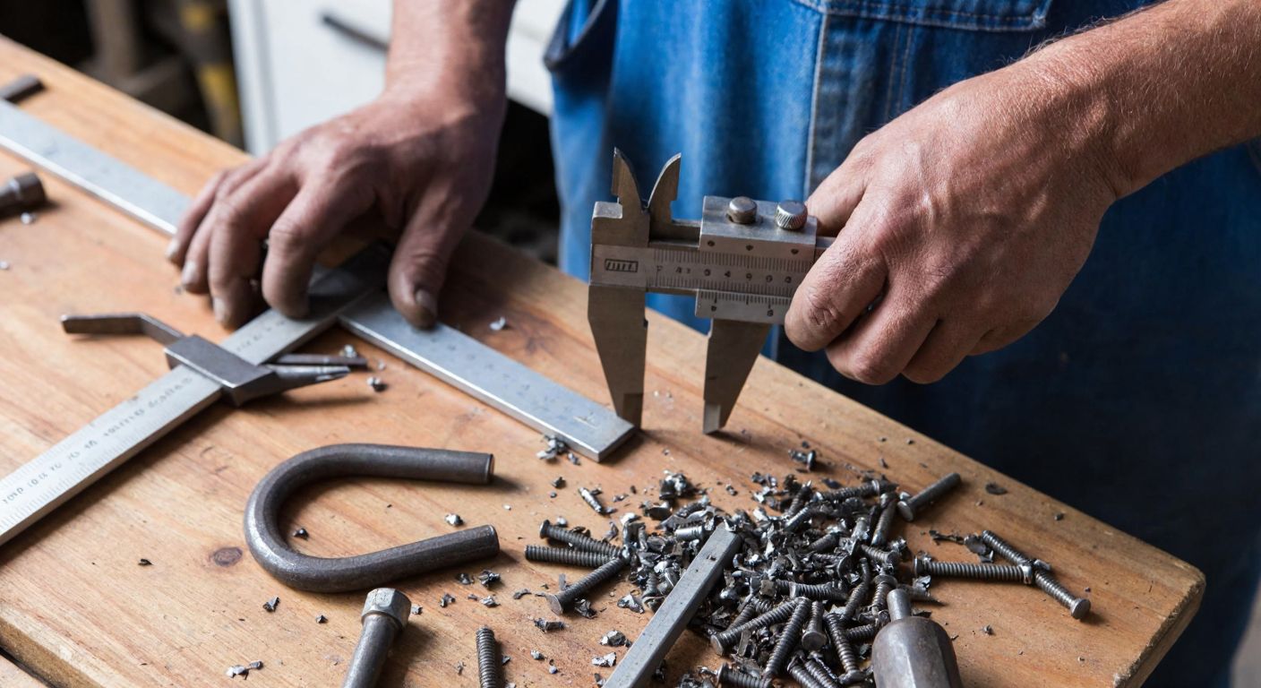 A close-up of a worker’s calloused hands measuring a U-bolt with a caliper on a wooden workshop table in Turkey, surrounded by scattered tools and metal shavings.