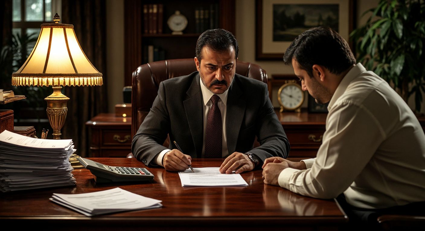 A stern Turkish banker in a formal suit reviews legal documents at a mahogany desk, with a stack of guarantee letters and a calculator nearby, while a contractor in work clothes anxiously waits across from him under the warm glow of an ornate office lamp.