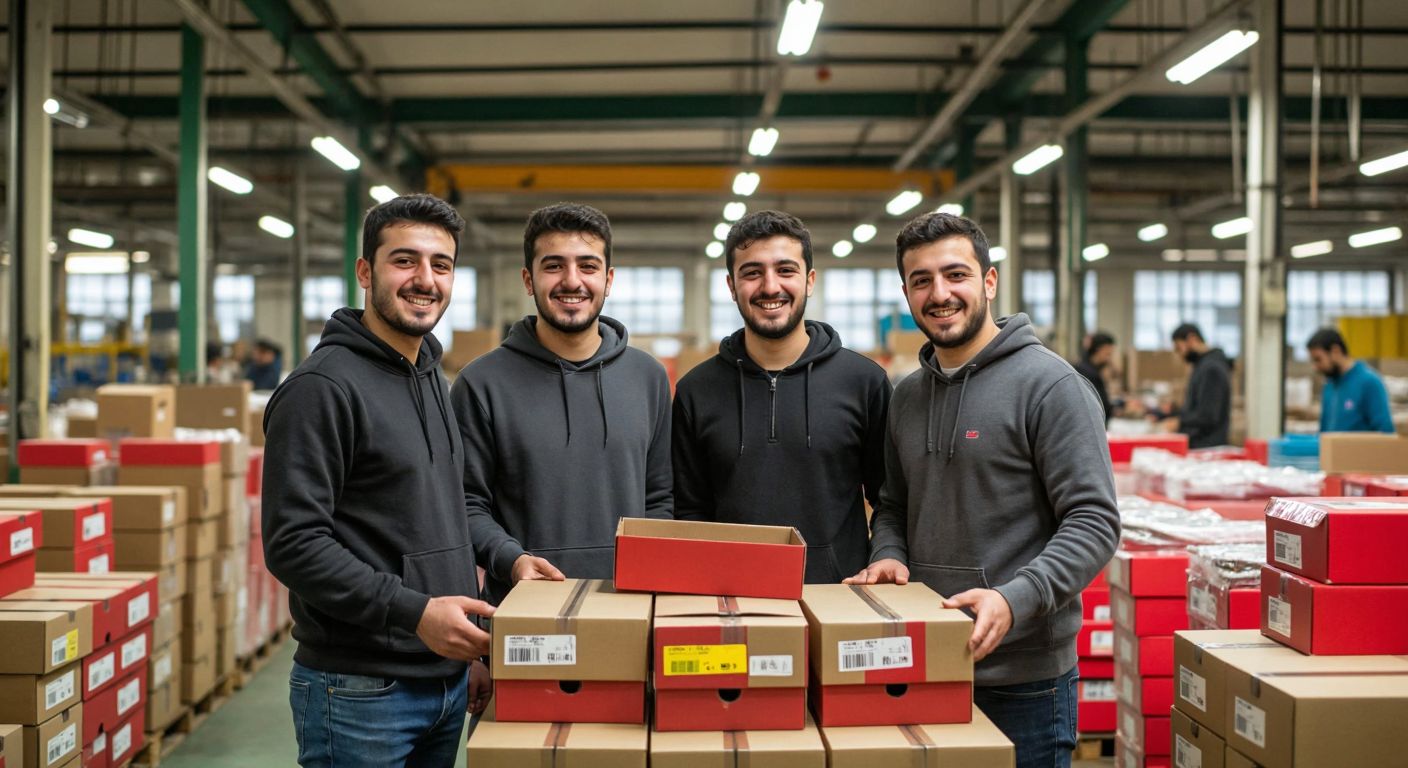 Three Turkish brothers in a bustling Istanbul factory, smiling proudly while inspecting stacks of colorful cardboard shoe boxes under warm industrial lighting.