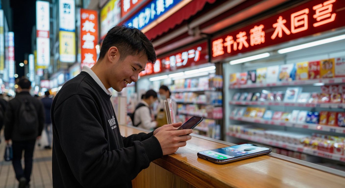 A sleek iPhone 13 resting on a wooden counter in a bustling Tokyo electronics market, with a vendor in a crisp uniform smiling as a customer examines the device, while a neon-lit Hong Kong street scene glows faintly in the background.
