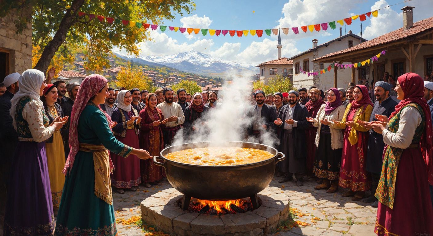 A festive Turkish village scene with a large communal cauldron of steaming *keşkek* surrounded by smiling people in traditional attire, celebrating under a sunlit sky with vibrant decorations.
