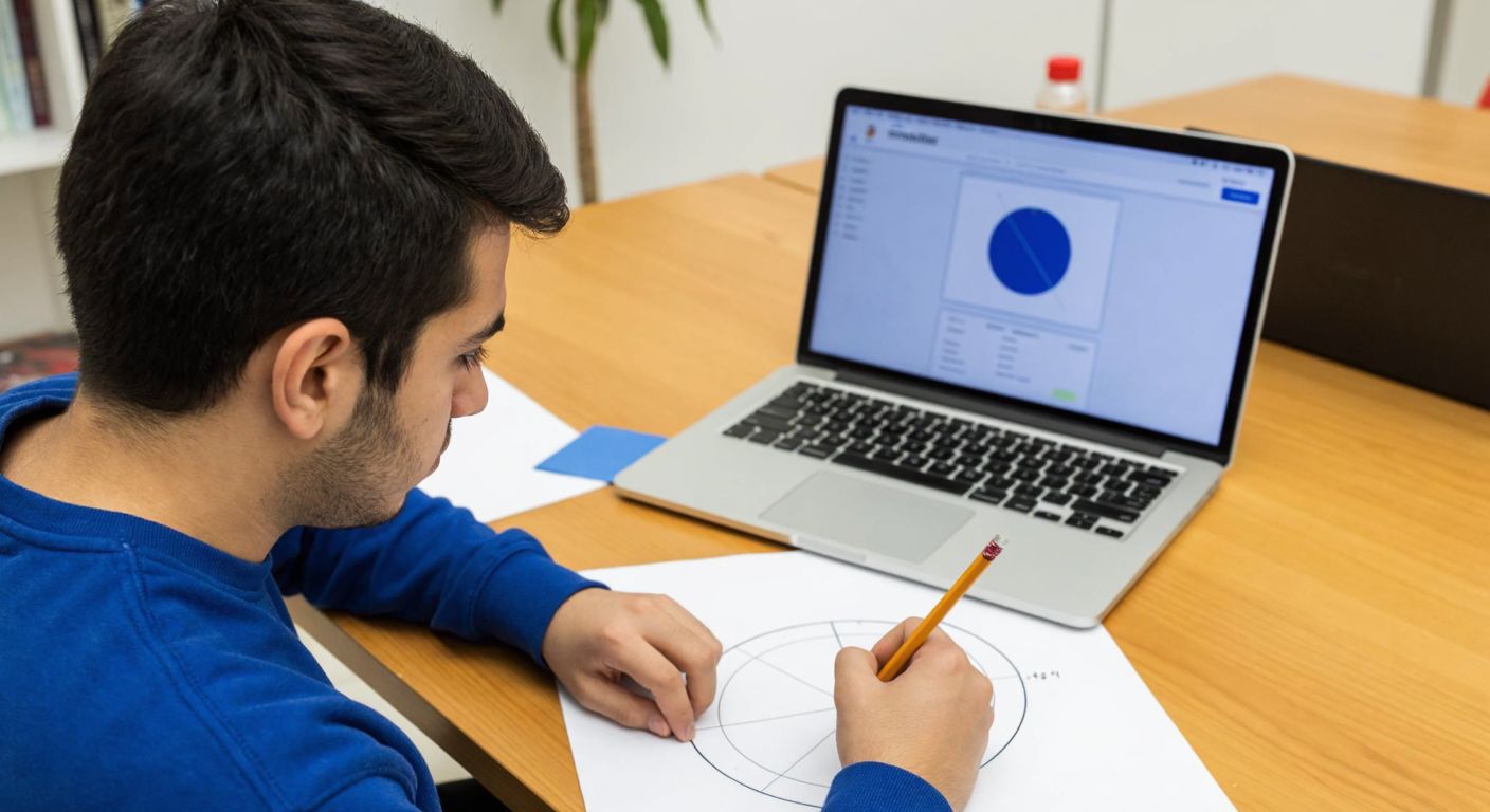 A Turkish student sits at a wooden desk, intently sketching a unit circle on graph paper with a pencil, while an open laptop beside them displays a paused educational video about trigonometry.