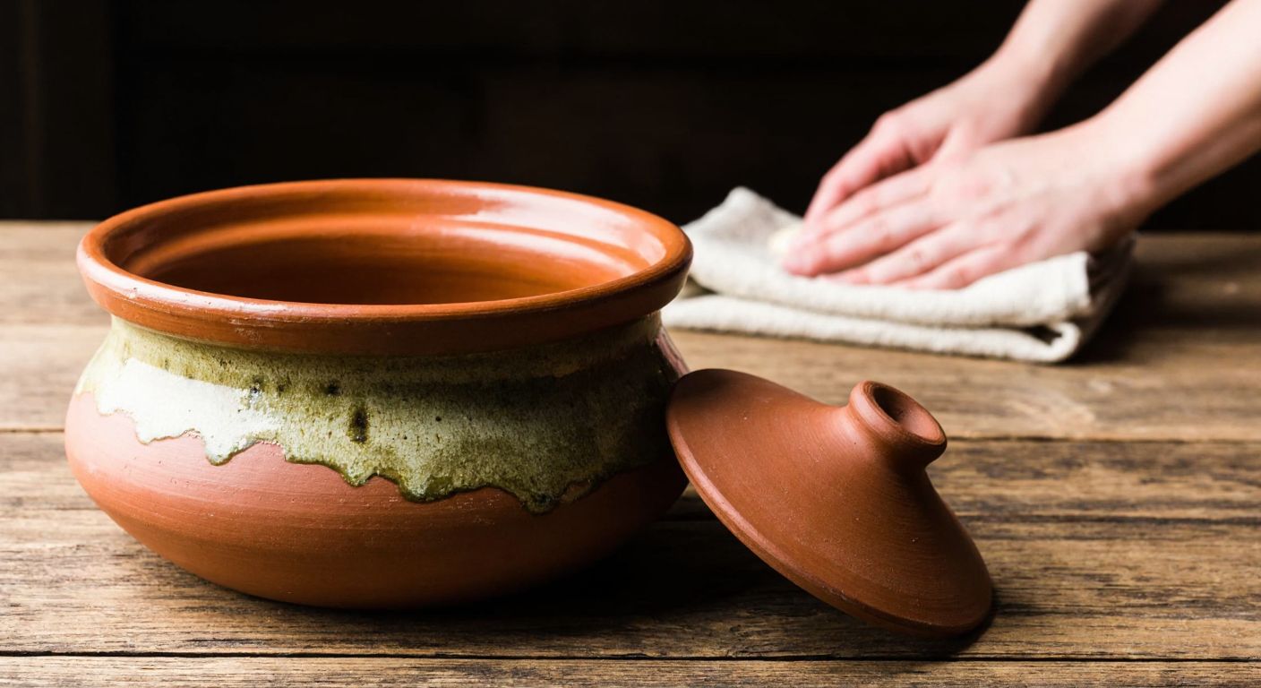 A traditional Turkish clay pot (güveç) with visible greenish mold spots sits on a rustic wooden table, while a pair of hands in the background carefully wipes it with a soft cloth under warm, diffused kitchen light.