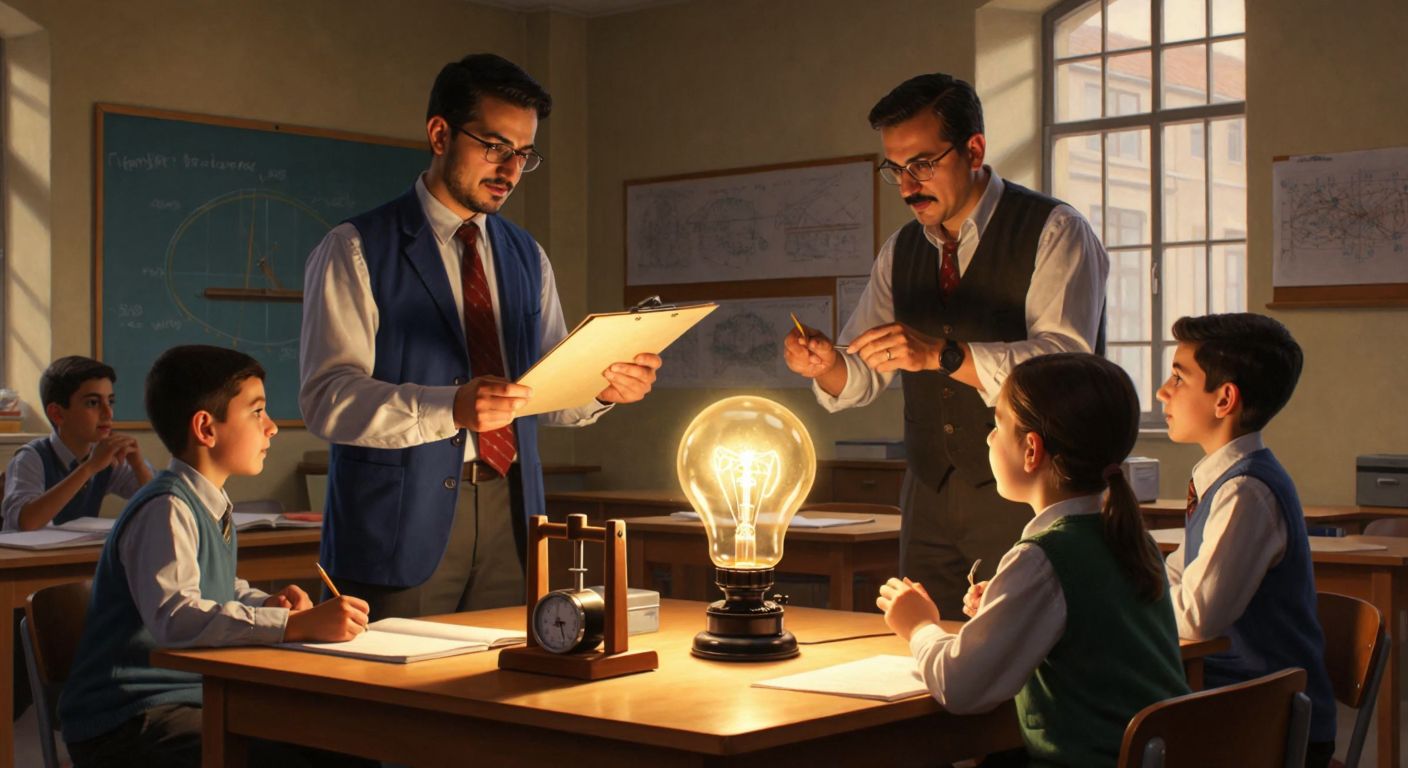 A Turkish physics classroom with a teacher holding a ruler, a weight scale, and a stopwatch, while students attentively observe a glowing lightbulb on a wooden desk.