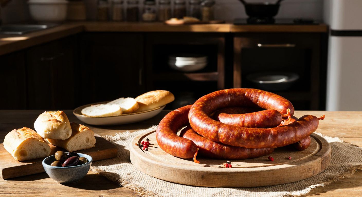 A rustic wooden table in a sunlit Turkish kitchen, showcasing coiled Merve sucuk sausages with glistening spices, alongside fresh bread and a small bowl of olives.