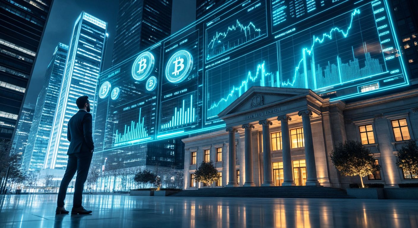 A sleek digital interface with glowing graphs and coins hovering above a futuristic Turkish-style bank building, while a confident trader in modern attire observes the dynamic financial activity.