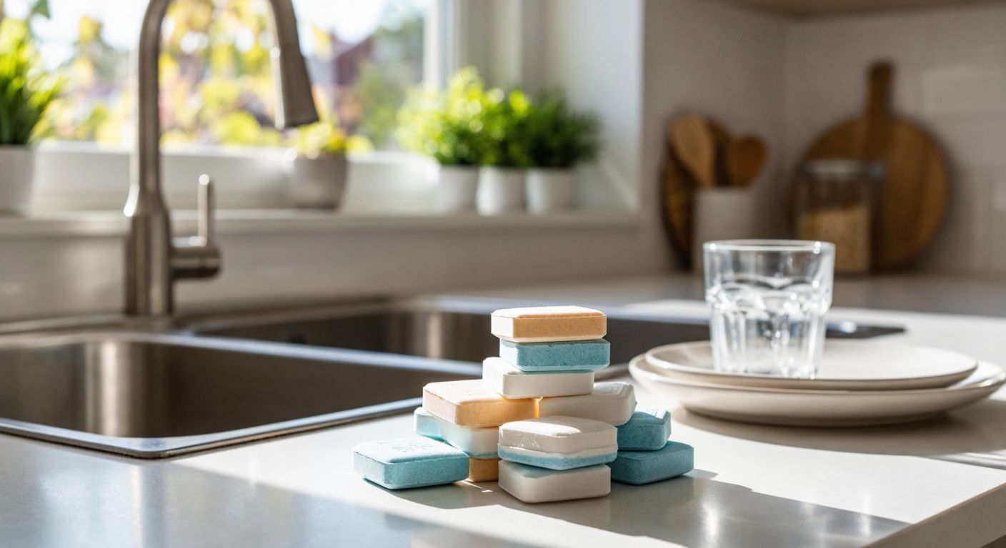 A neatly stacked pile of Diversey dishwashing tablets on a clean, sunlit kitchen counter in Turkey, with a sparkling glass and ceramic plate in the background.