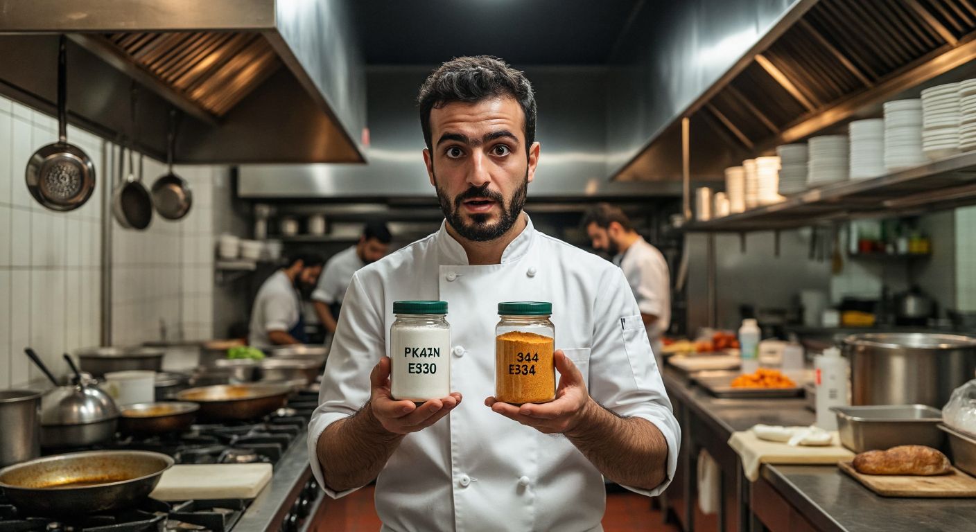 A Turkish chef in a bustling kitchen holds two distinct jars—one labeled with E340 (potassium phosphates) and the other with E341 (calcium phosphates)—while comparing them with a curious expression.
