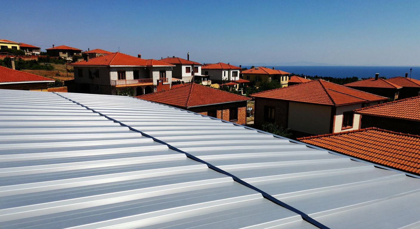 A sturdy metal roof with interlocking panels under a bright Turkish sun, surrounded by traditional red-tiled houses in a rural village.