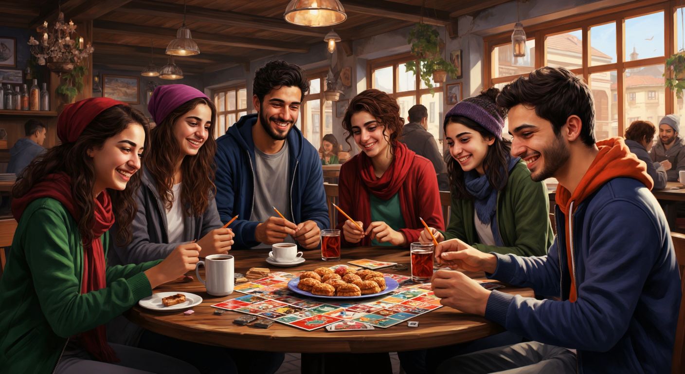 A group of diverse Turkish teenagers and adults sitting around a wooden table in a cozy café, smiling as they solve colorful Kakuro puzzles with pencils in hand, surrounded by steaming cups of Turkish tea and plates of baklava.