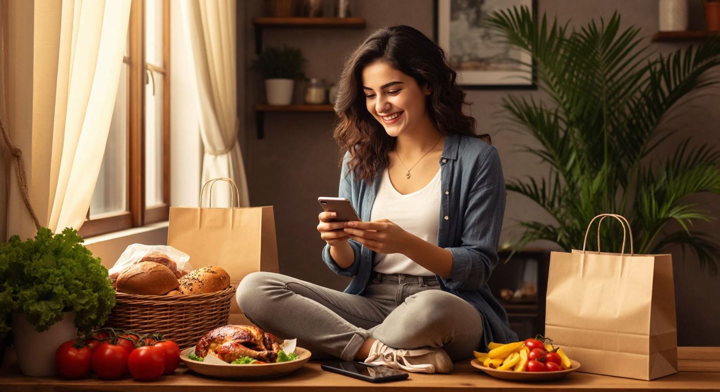 A smiling Turkish woman in a cozy home setting, surrounded by shopping bags, a laptop, fresh groceries, and a takeaway box of Turkish food, while browsing on her phone with a delighted expression.