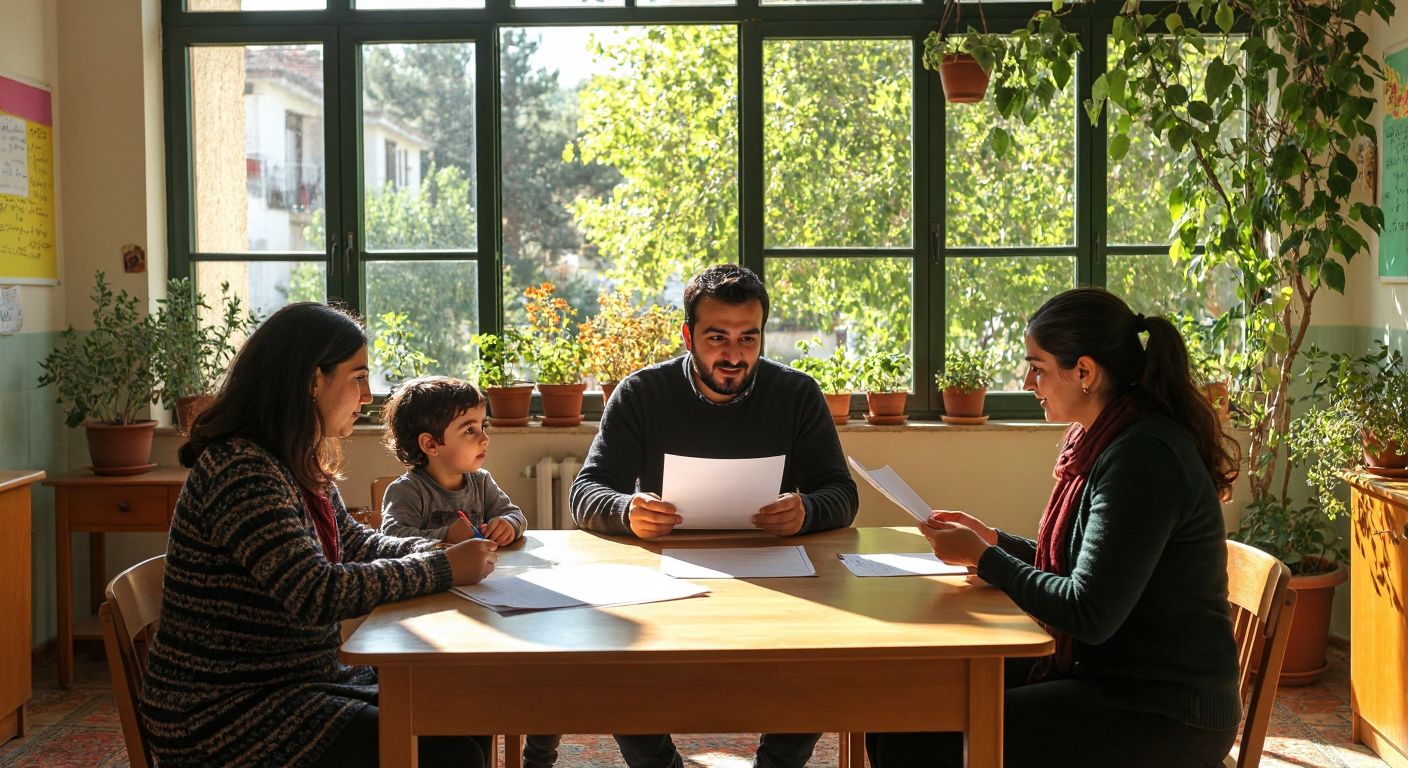 A warm Turkish classroom with a teacher and parents sitting at a wooden table, discussing a child’s development while holding a blank form, surrounded by potted plants and sunlight streaming through the window.