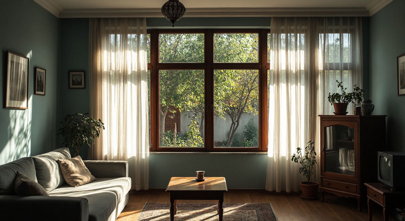 A dimly lit, cool-toned Turkish house with large windows facing a shadowy northeastern direction, where sparse sunlight filters through sheer curtains onto a cozy but slightly chilly living room with insulated walls and reflective surfaces.