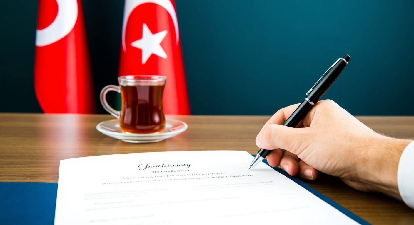 A hand holding a pen poised over a formal promissory note on a wooden desk, with a Turkish flag and a steaming cup of çay in the background, conveying a serious yet familiar business atmosphere.