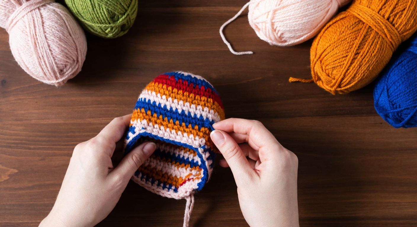 A pair of hands carefully crocheting a colorful woolen hat on a wooden table, with balls of yarn in warm earthy tones scattered nearby, evoking a cozy Turkish handicraft scene.
