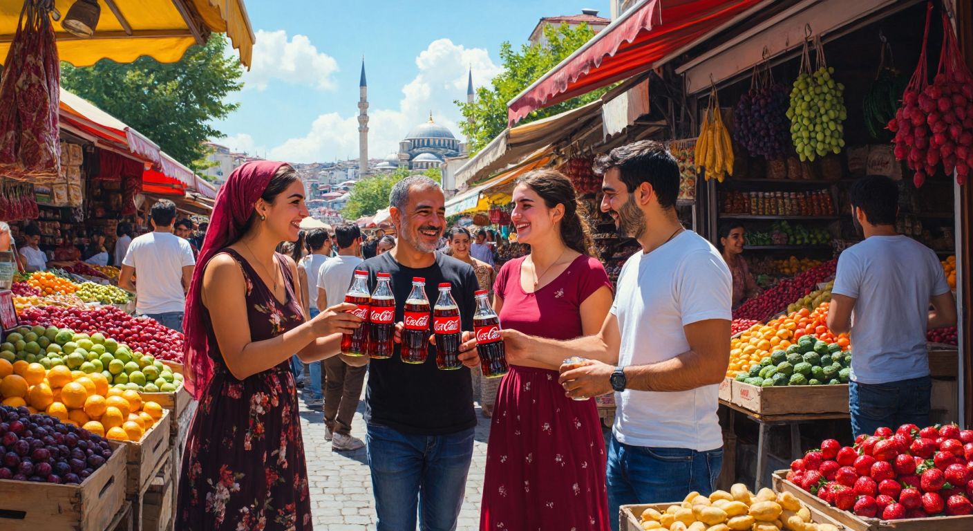 A vibrant outdoor scene in Turkey, with a group of smiling people of diverse ages sharing ice-cold Coca-Cola bottles under a sunny sky, surrounded by colorful market stalls selling fresh fruits and traditional Turkish snacks.
