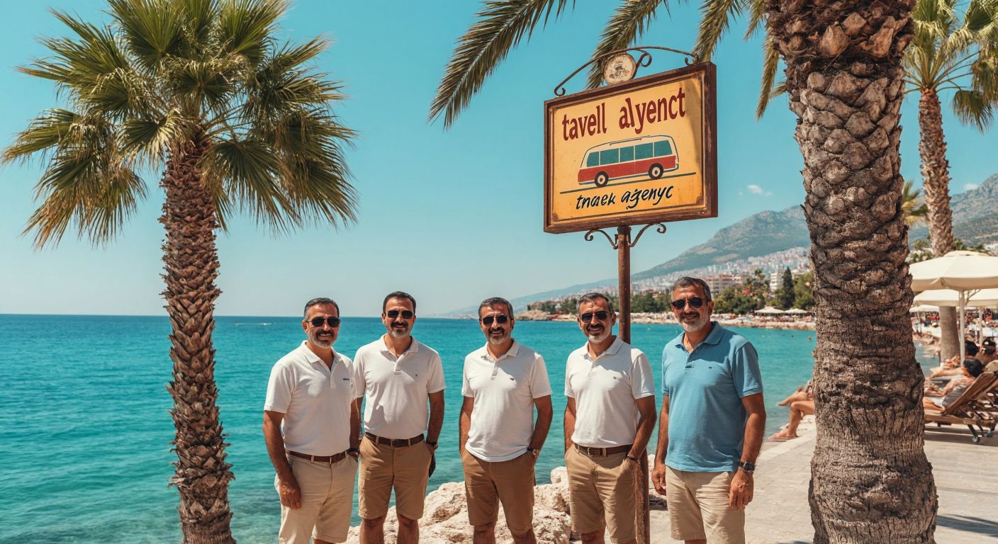 A sunlit coastal scene in Antalya with four smiling middle-aged Turkish men in casual summer attire standing proudly near a vintage travel agency sign, framed by turquoise waters and palm trees.