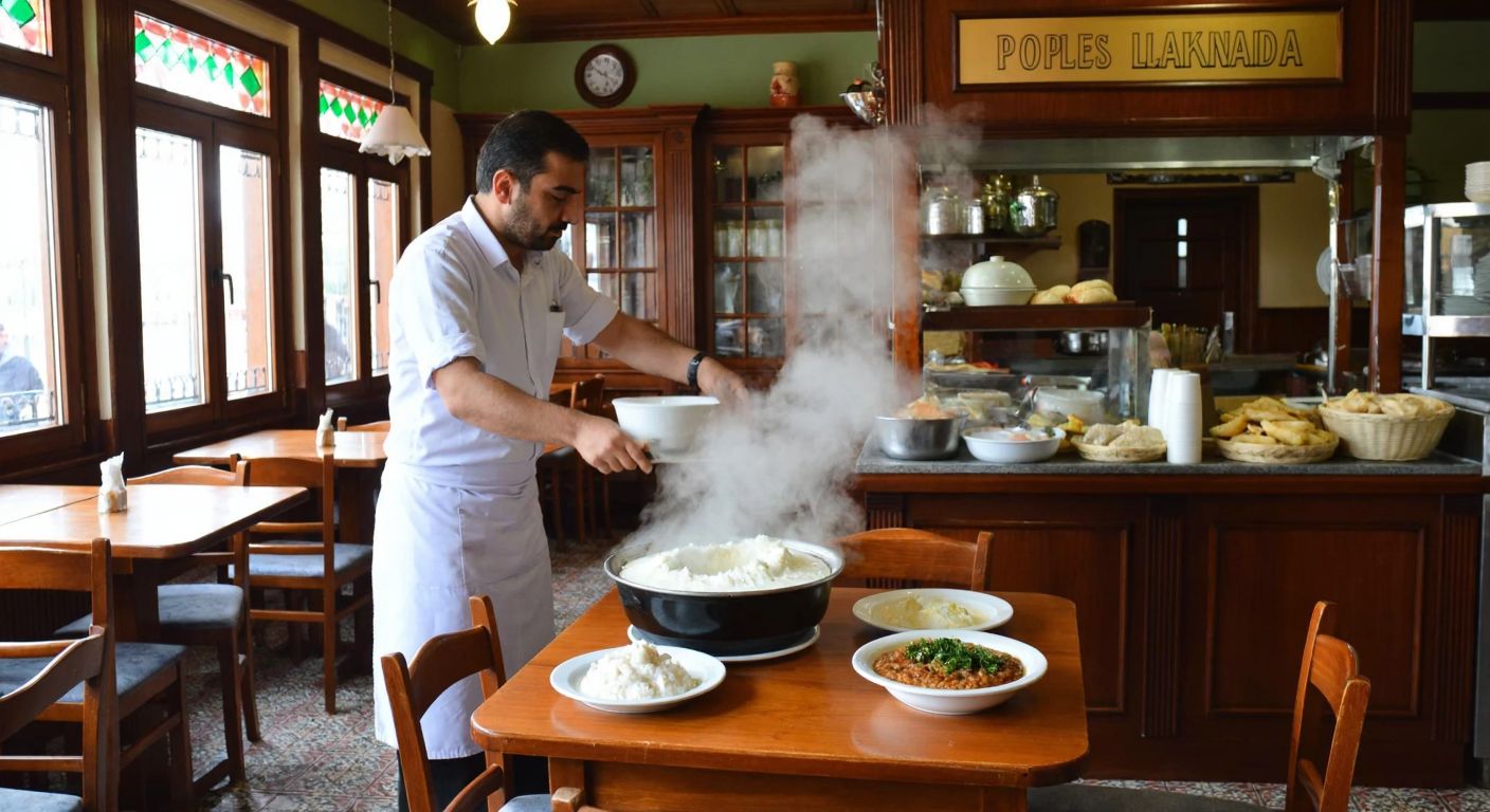 A traditional Turkish halk lokantası (people's restaurant) in Afyonkarahisar, with wooden tables and steaming plates of local dishes like keşkek and kaymak, where a waiter in a white apron shakes his head politely while gesturing toward a signless beverage counter filled with ayran and şerbet.