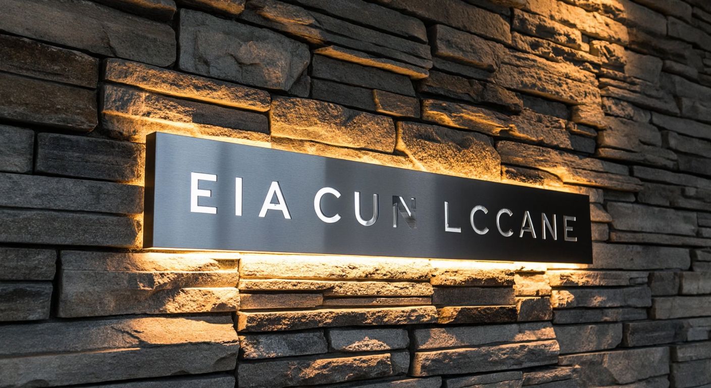 A rugged stone wall with a sleek, illuminated stainless steel sign featuring raised chrome letters glowing softly against the textured surface.