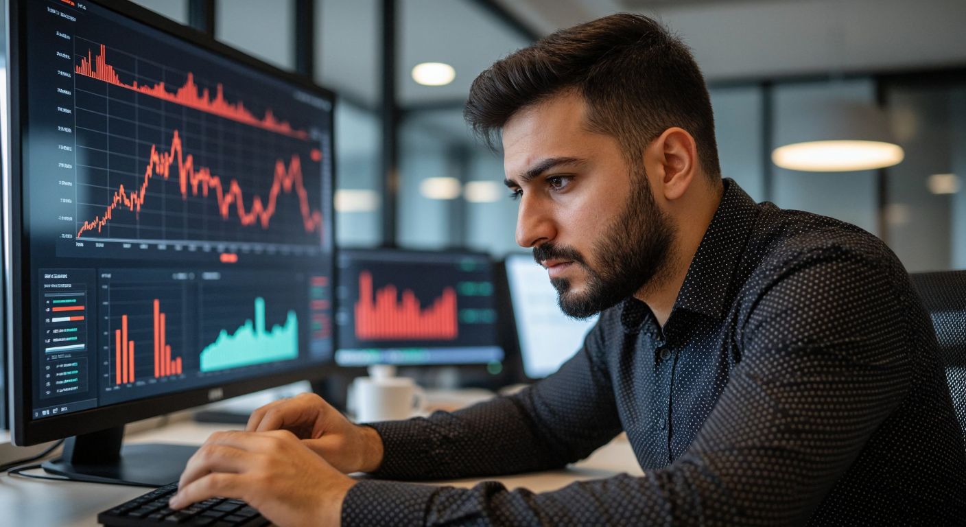 A focused Turkish trader in a modern office studies a financial chart with rising and falling wave-like patterns, reflecting the analytical nature of Elliott Wave Theory.