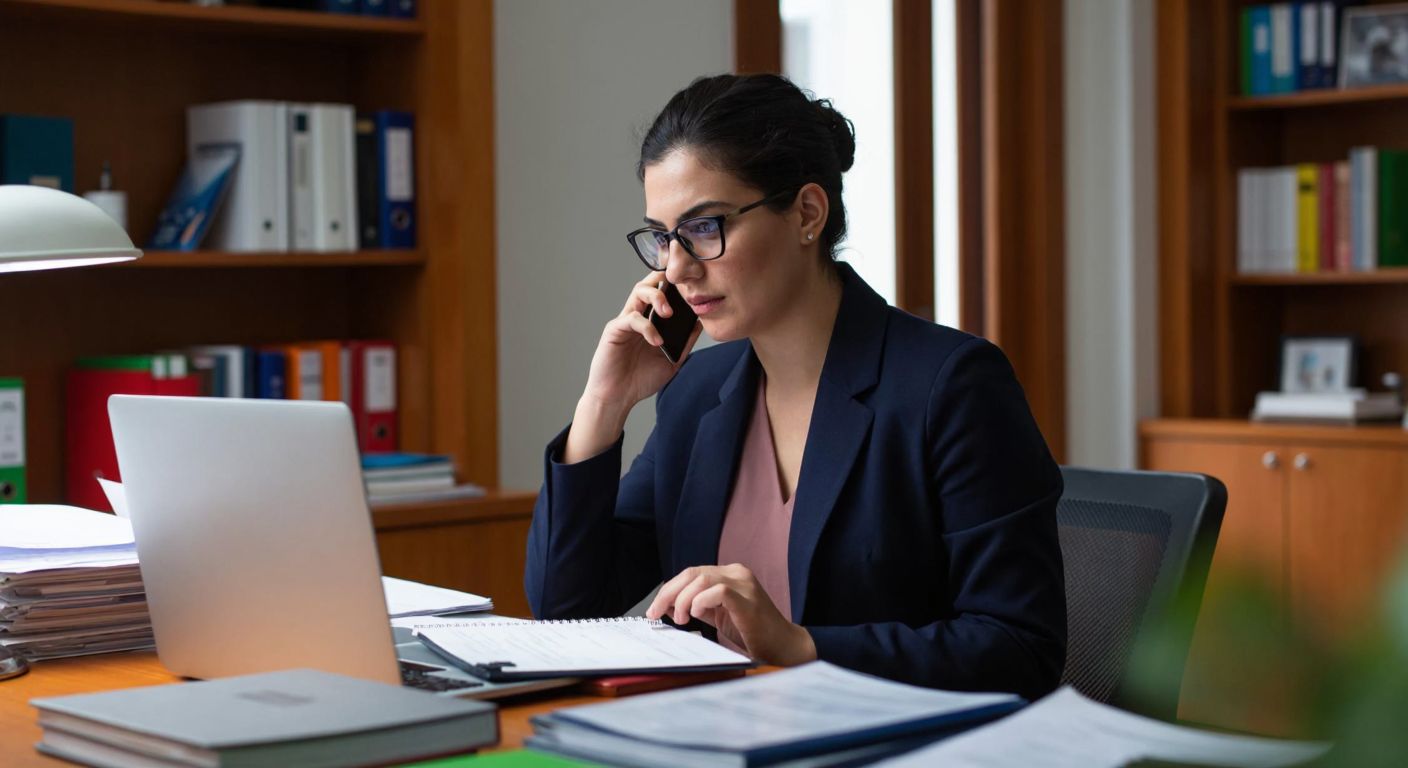 A professional Turkish educator in a university office, wearing glasses and a formal shirt, attentively reviewing student files while coordinating with colleagues over the phone, surrounded by neatly organized documents and a laptop.