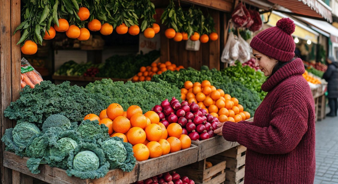 A vibrant wooden market stall in Turkey overflows with February’s seasonal bounty: bright mandarins, oranges, and pomegranates nestled beside leafy greens like spinach and kale, with a vendor in a cozy knit sweater arranging fresh carrots and cabbages.