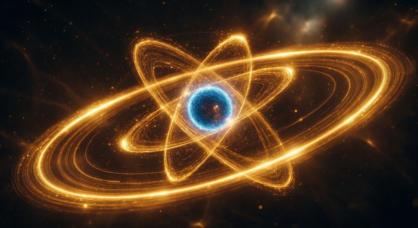 A glowing blue electron orbits a nucleus in a stylized atomic model, surrounded by faint golden energy waves representing voltage.