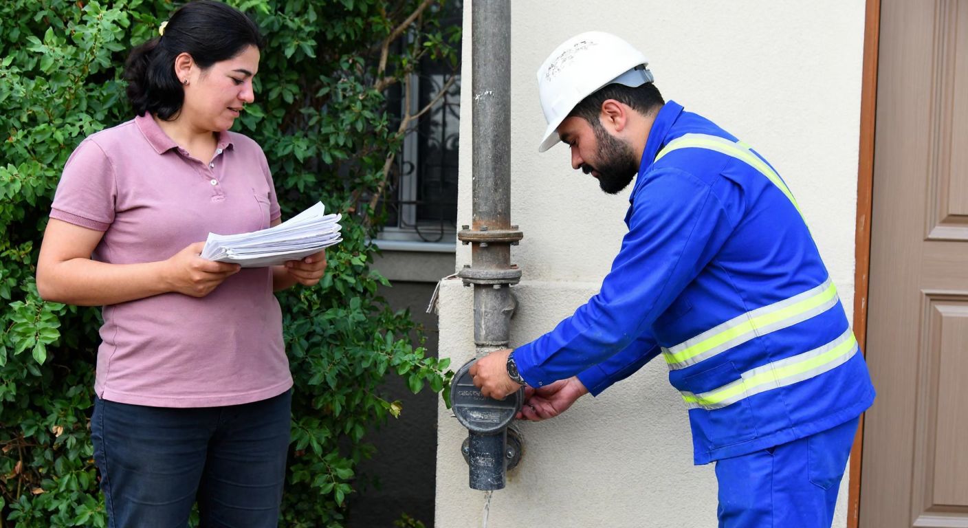 A Turkish municipal worker in a blue uniform carefully replaces a water meter outside a residential building in Izmir, while a resident watches attentively with a stack of documents in hand.