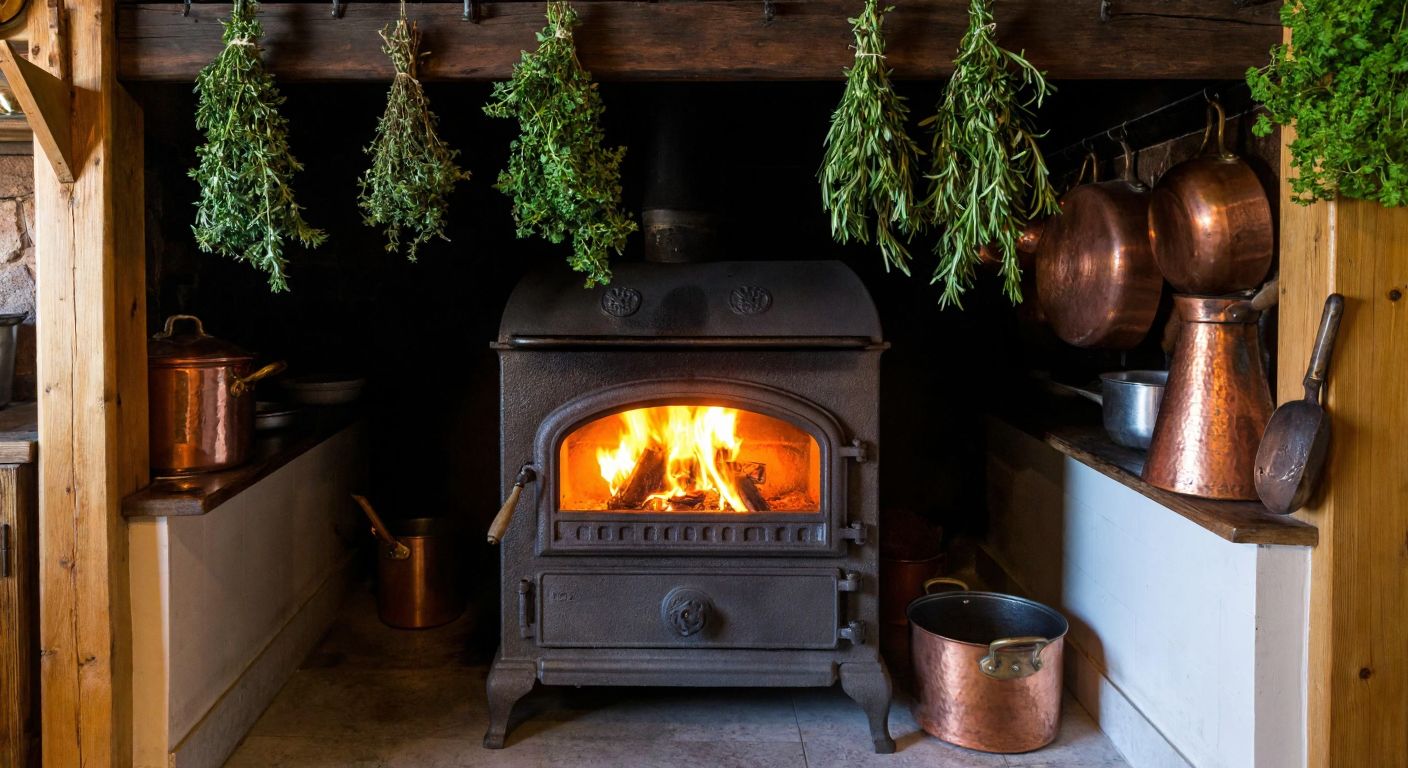 A rustic Turkish kitchen with a large, cast-iron wood-burning stove (kuzine) glowing warmly, surrounded by copper pots and fresh herbs hanging from wooden beams.