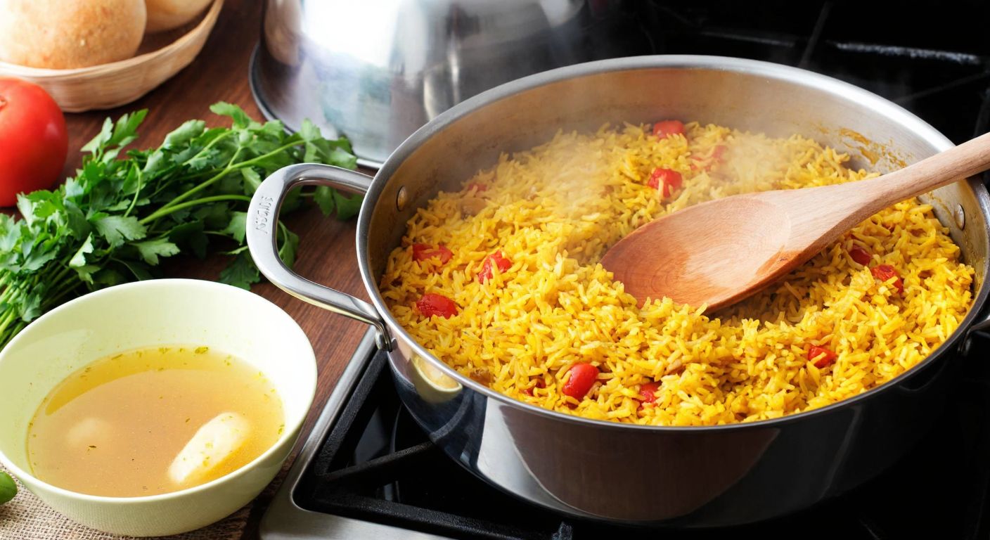 A steaming pot of golden rice pilaf on a stovetop, with a wooden spoon resting on its edge, surrounded by fresh herbs and a bowl of chicken broth, evoking warmth and home-cooked comfort in a Turkish kitchen.