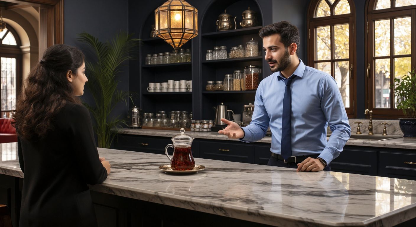 A Turkish bank employee in a formal blue shirt explains transaction timelines to a confused customer across a marble counter, with a traditional Turkish tea set placed between them.