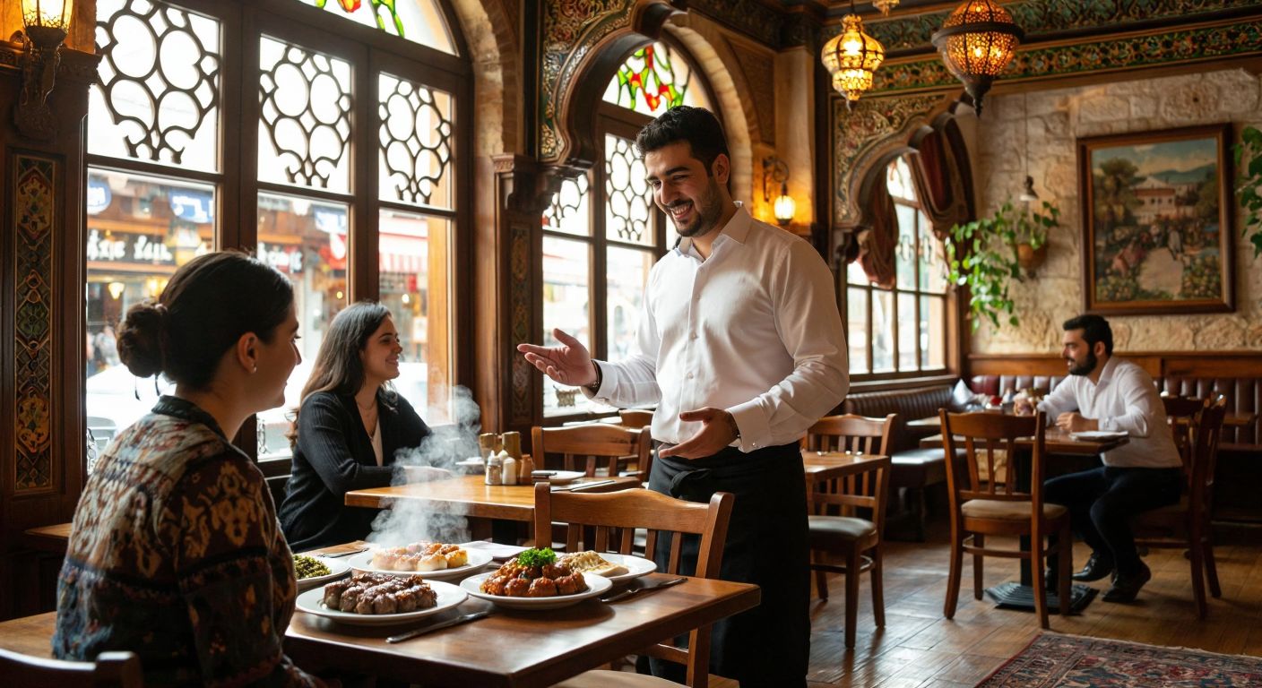 A warmly lit traditional Turkish restaurant with wooden tables and ornate decor, where a smiling waiter in a crisp white shirt gestures politely to a couple seated near a window, with plates of steaming kebabs and baklava in front of them, and no alcoholic beverages in sight.