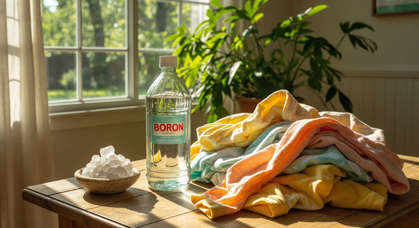 A clear glass bottle of Boron detergent sits on a sunlit wooden table next to a pile of freshly washed, brightly colored clothes, with a small cluster of raw borax crystals nearby.