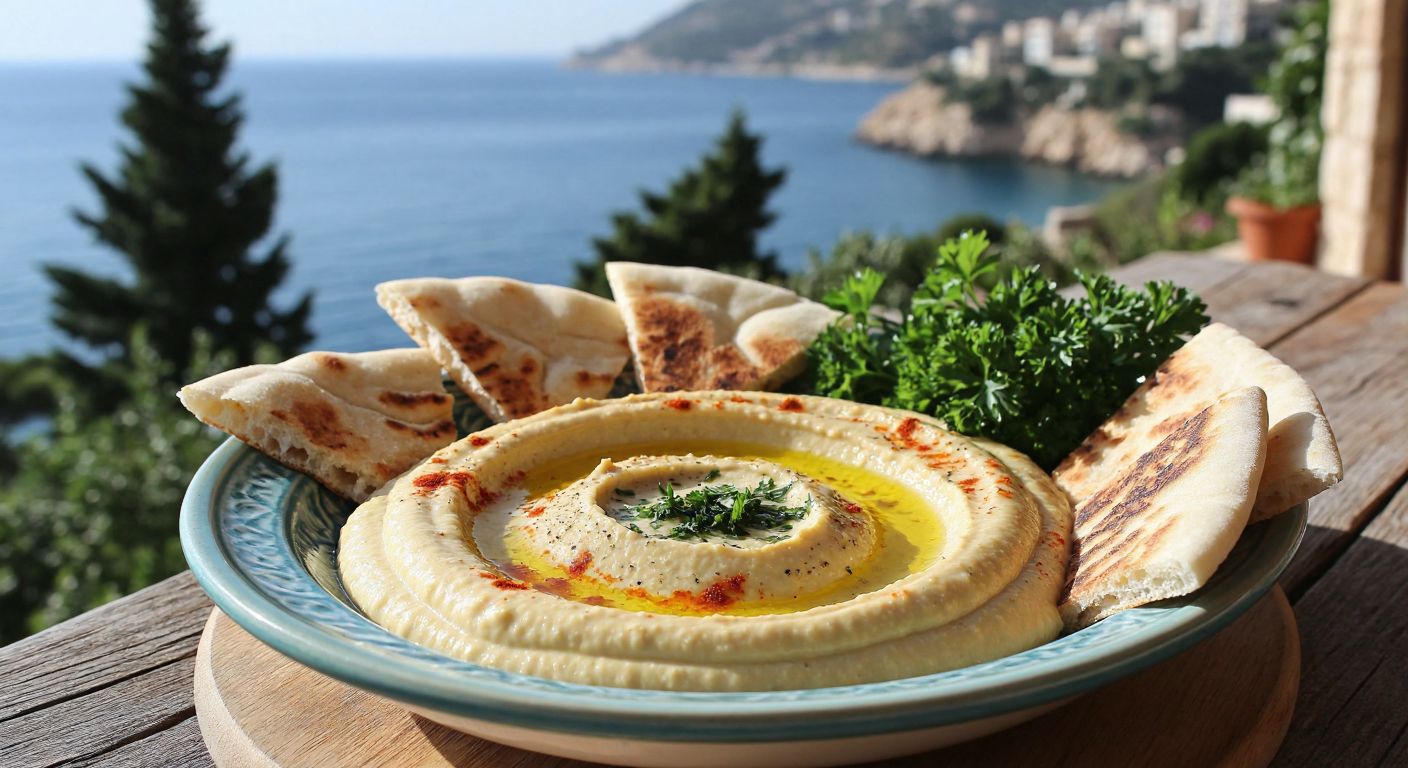 A vibrant plate of creamy hummus topped with olive oil and paprika, surrounded by warm pita bread and fresh parsley, set on a rustic wooden table with a backdrop of Lebanese cedar trees and the Mediterranean coastline.
