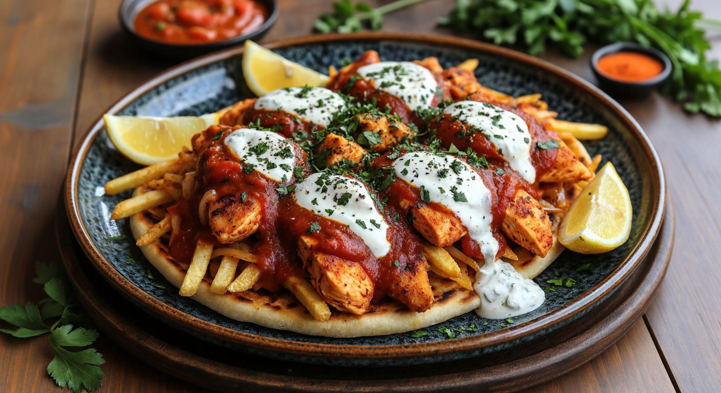 A sizzling plate of **Tavuklu Çökertme Kebabı** topped with three vibrant sauces—creamy garlic yogurt, rich tomato, and glossy red pepper butter—surrounded by fresh herbs and lemon wedges on a rustic Turkish ceramic plate.