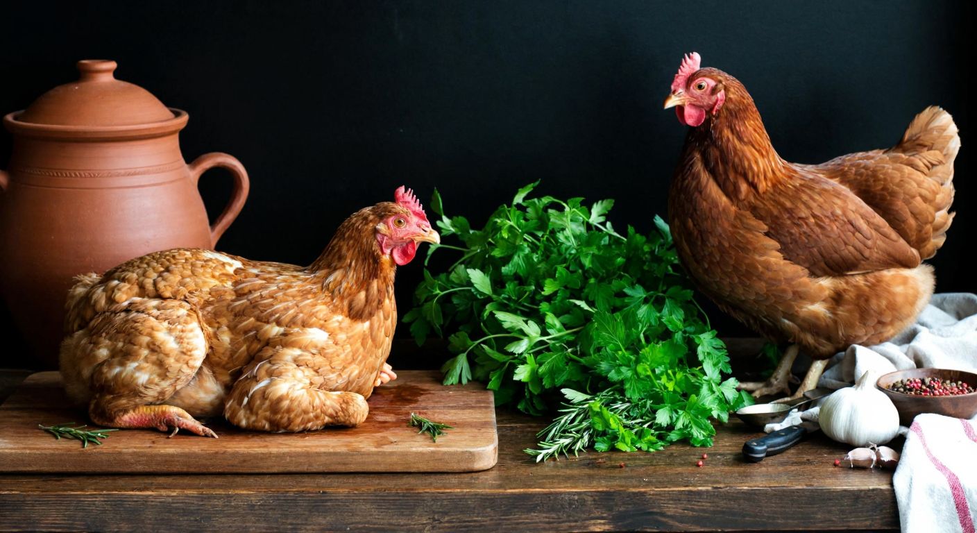 A rustic Turkish kitchen with a plump Sasso chicken and a Rhode Island Red chicken resting on a wooden table, surrounded by fresh herbs and a clay pot, evoking warmth and traditional cooking.