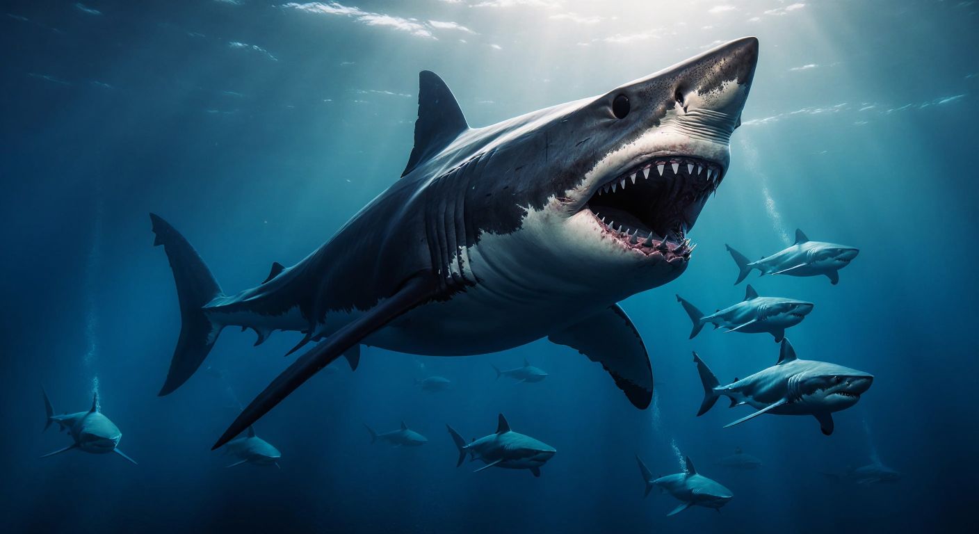 A massive, shadowy Megalodon shark with rows of razor-sharp teeth glides through deep blue ocean waters, dwarfing a pod of modern sharks swimming in fear below.
