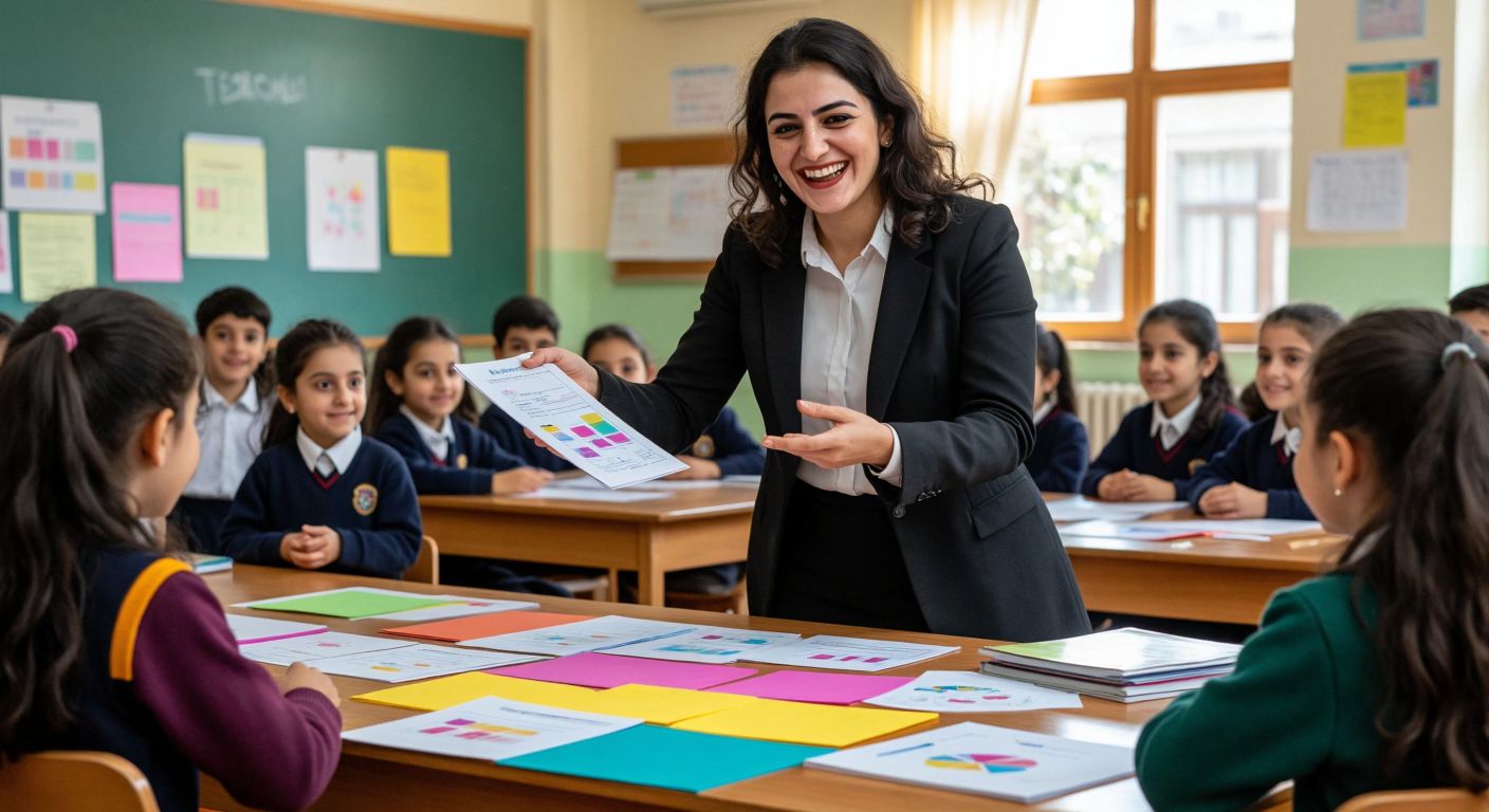 A cheerful Turkish teacher in a classroom points to a colorful array of printed lesson plans, test papers, and presentation slides spread across a wooden desk, while students in school uniforms eagerly gather around.