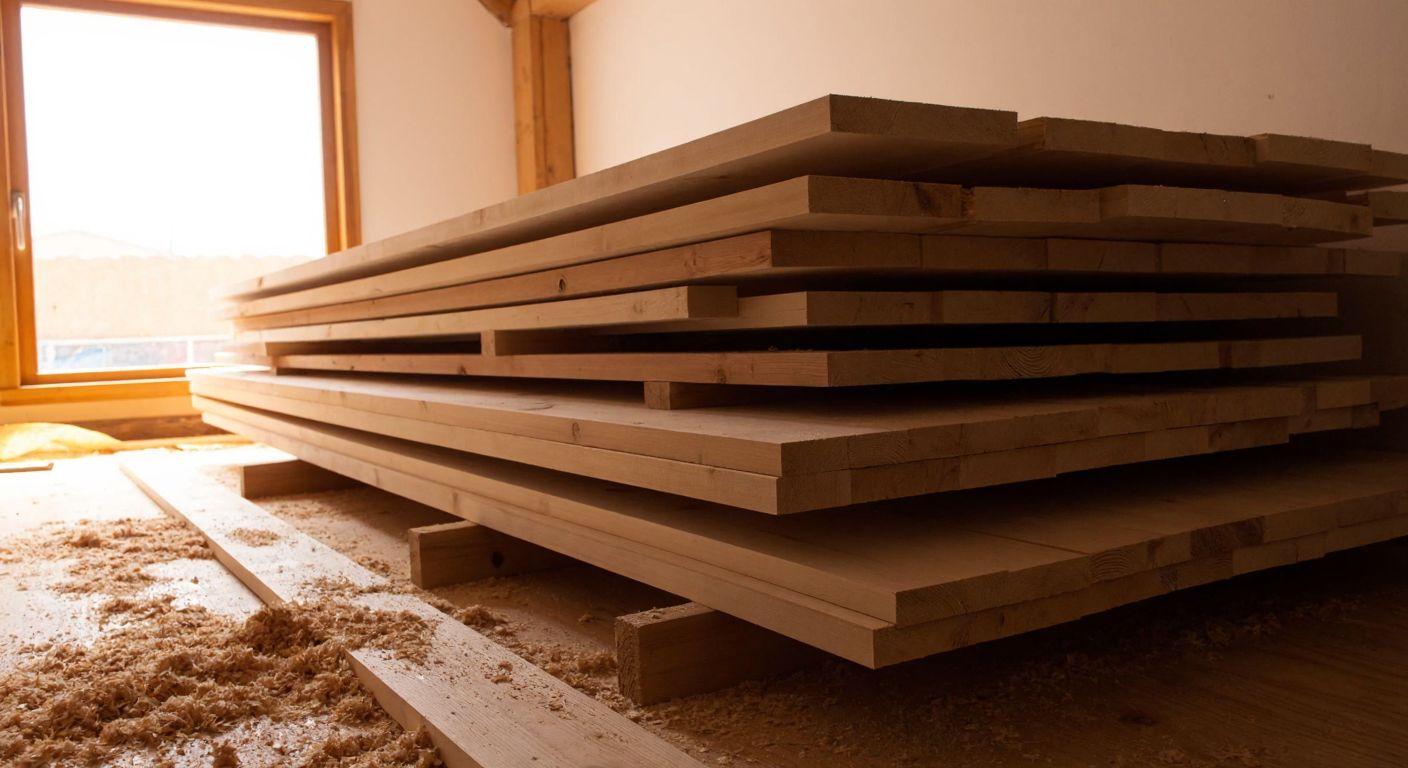 A stack of wooden planks of varying thicknesses (10mm to 60mm) neatly arranged in a Turkish carpenter's workshop, with sawdust on the floor and sunlight filtering through a small window.